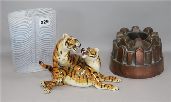 A Kosta Boda vase, a copper jelly mould and a Beswick tiger group (a.f.)